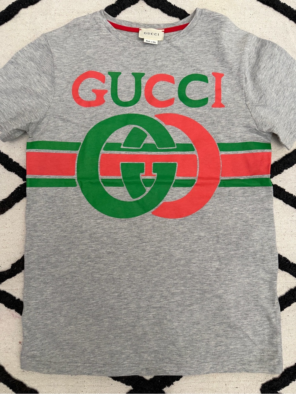 Gucci Grey Tee with Green & Red Interlocking Logo